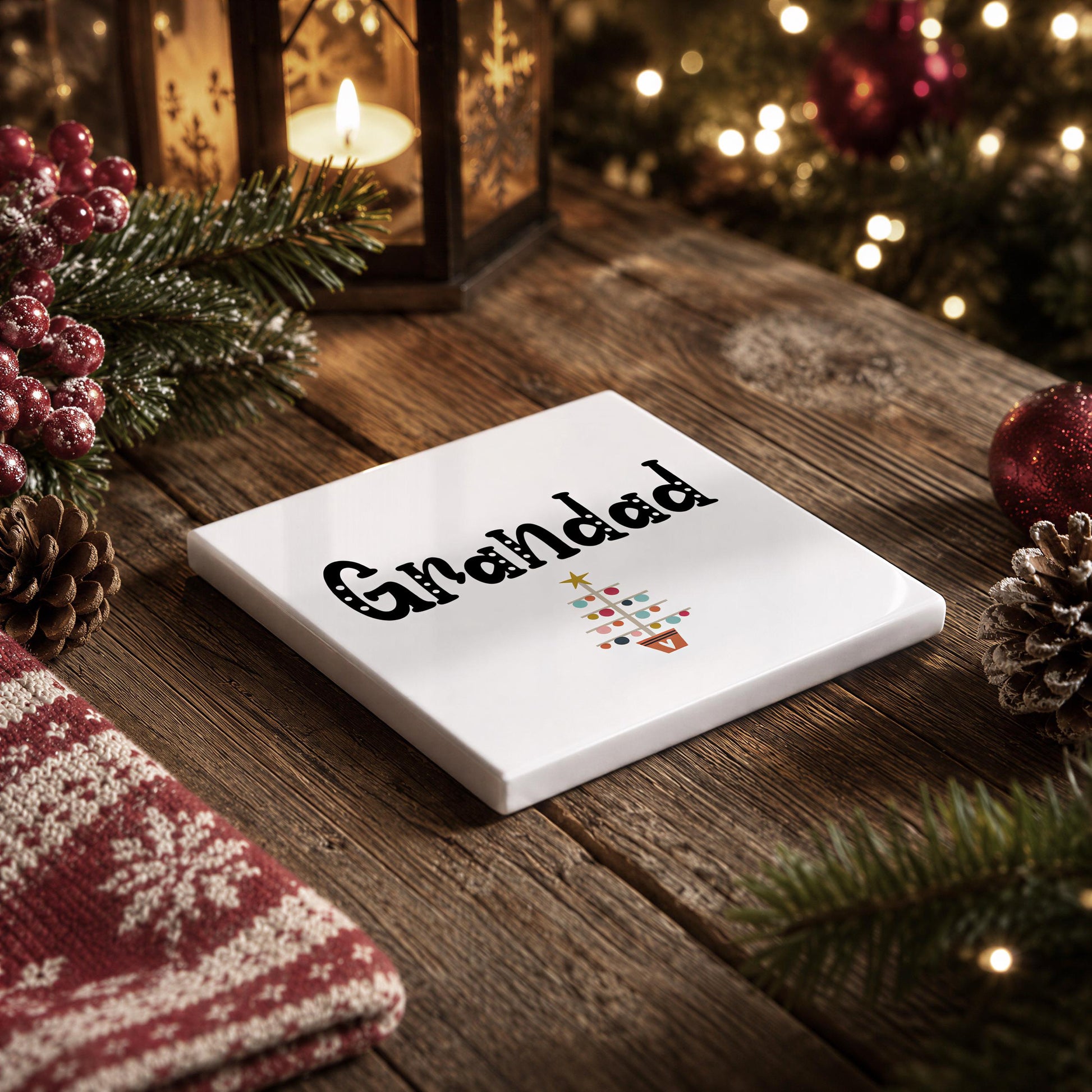 A white square coaster with the word "Gnäd" written on it, surrounded by Christmas decorations such as pine cones, berries, and a lit lantern on a wooden table.