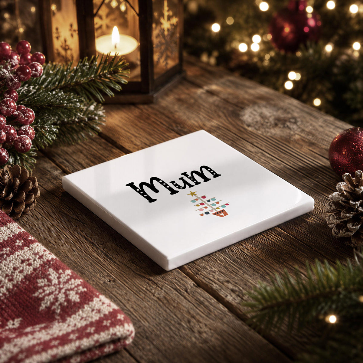A white square coaster with the word "Mum" written on it, surrounded by Christmas decorations such as pine cones, a lantern, and a tree.