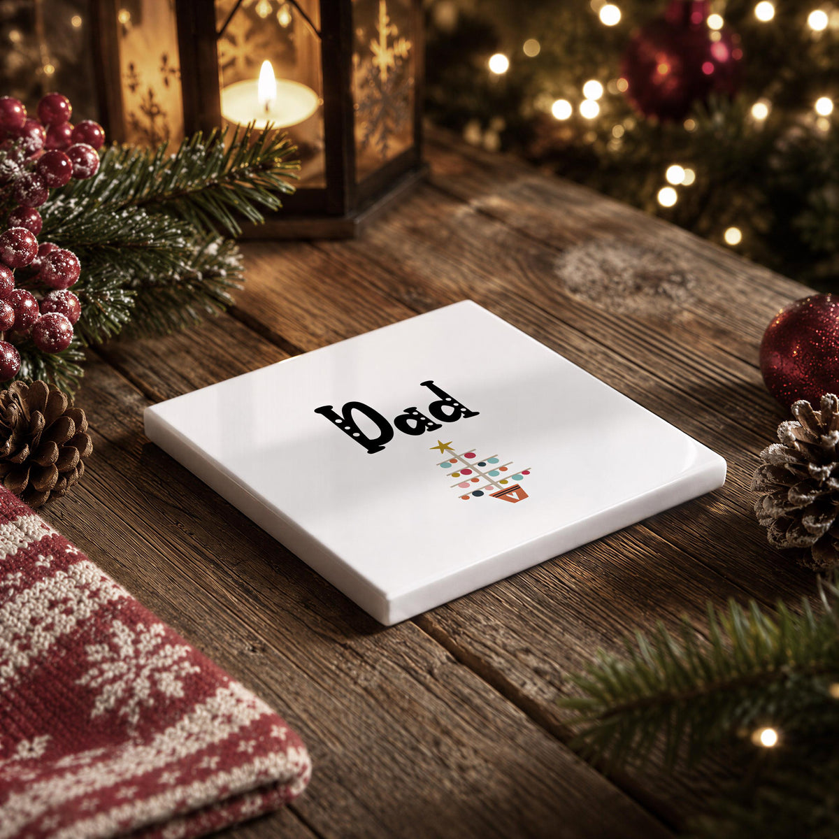 A white square card with the word "DAD" printed on it, surrounded by Christmas decorations such as pine cones, ornaments, and a lit lantern, all placed on a wooden surface.