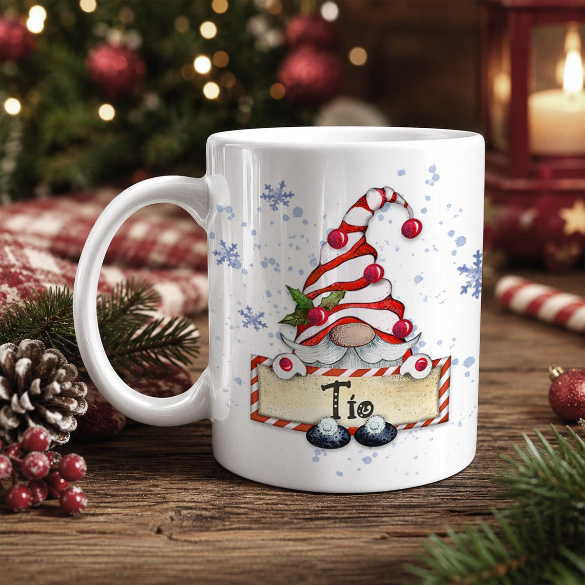 A white mug with a Christmas-themed design featuring a gnome wearing a red and white striped hat, surrounded by snowflakes and berries.