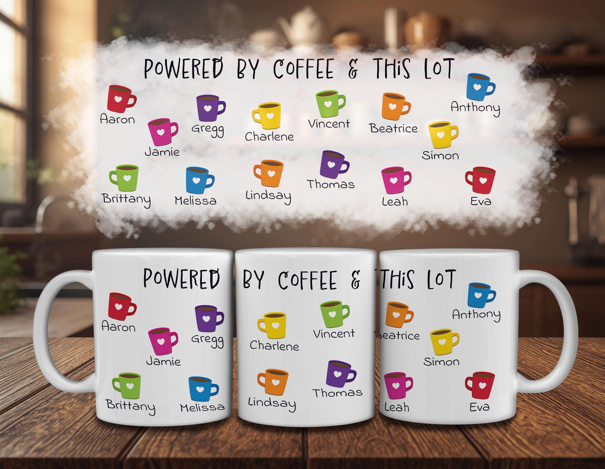 three white mugs with colorful coffee cups printed on them, each mug displaying the name of a person along with their name printed on it.