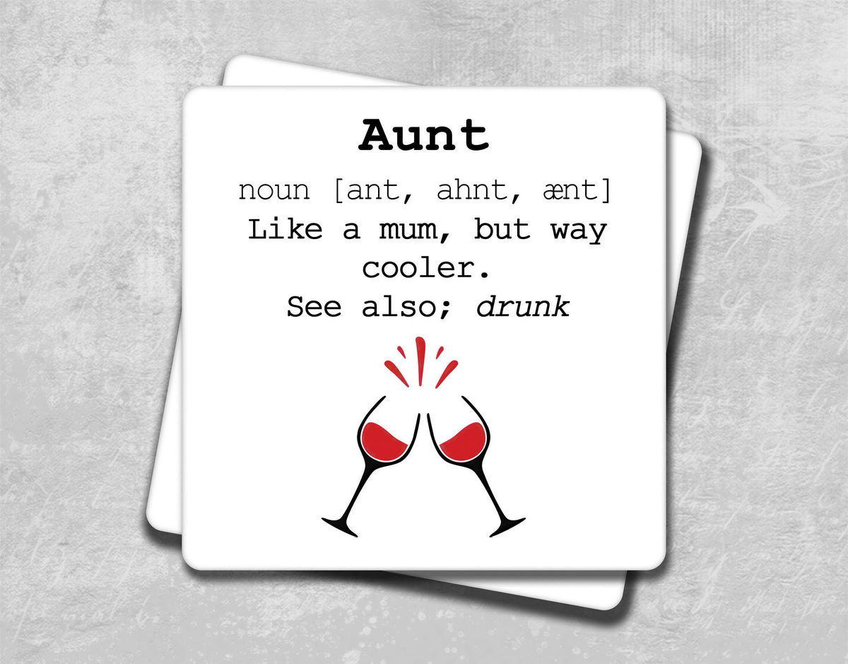 The image is a white coaster with black text and a graphic of two wine glasses with red wine inside, set against a gray background.