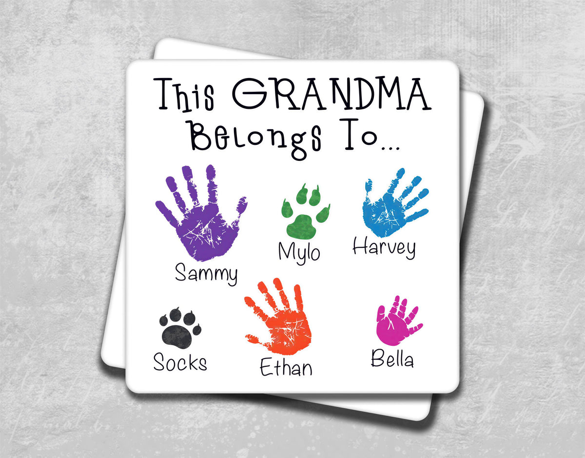 this grandma belongs to hand prints on a coaster