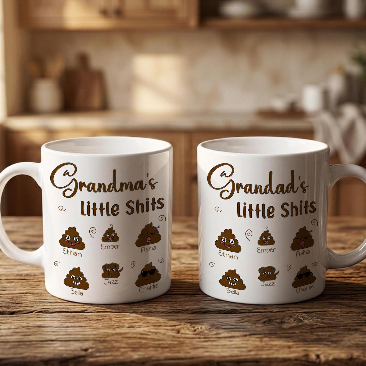 Two white mugs with a humorous design featuring cartoon faces and text related to "Grandma's Little Shits" and "Grandpa's Little Shits".