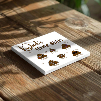 A white coaster with a playful design featuring cartoon-style images of six different types of poop.