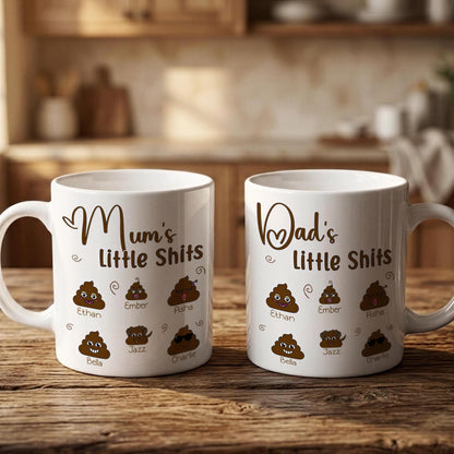Two white mugs with a humorous design featuring cartoon faces and text related to "Mum's Little Shits".