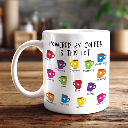 A white coffee mug with a design featuring colorful coffee cups with heart shapes and names of various people printed on it.