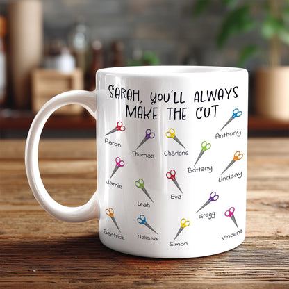 A white mug with a humorous message printed on it, sitting on a wooden surface.