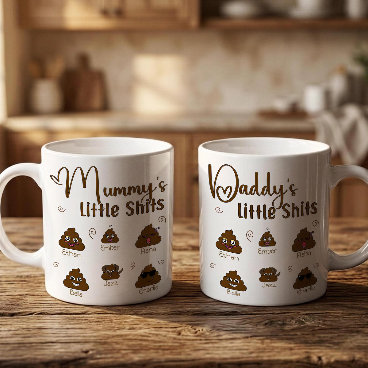 Two white mugs with humorous text and images printed on them, placed on a wooden surface.